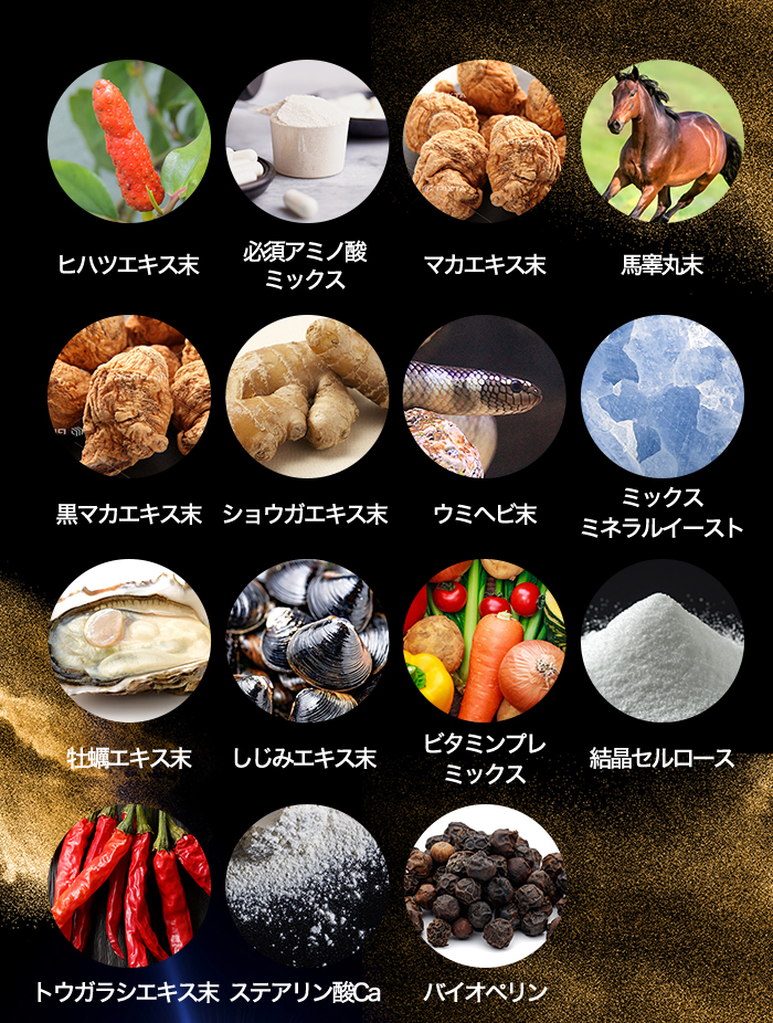 ヒハツエキス末、必須アミノ酸ミックス、マカエキス末など